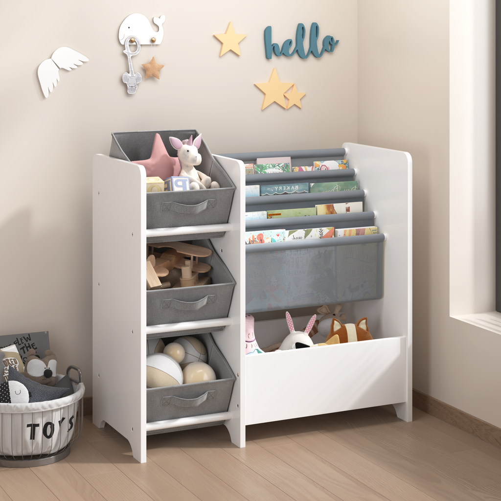 Kids Bookshelf and Toy Storage Organizer, Multifunctional 4-Tier White MDF Bookshelf with 3 Collapsible Fabric Drawers for Nu