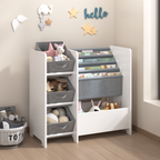 Kids Bookshelf and Toy Storage Organizer, Multifunctional 4-Tier White MDF Bookshelf with 3 Collapsible Fabric Drawers for Nu