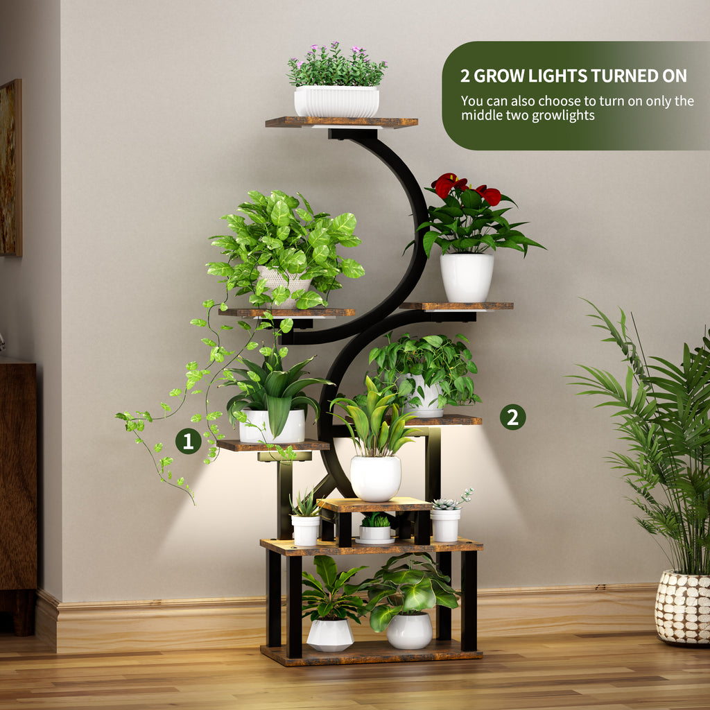 8-Tier Indoor Plant Stand with 5 Grow Lights, Rustic Brown MDF+Metal, 10-Level Dimming, 62-Inch Tall for Living Room or Garden - Grand Goldman Shop