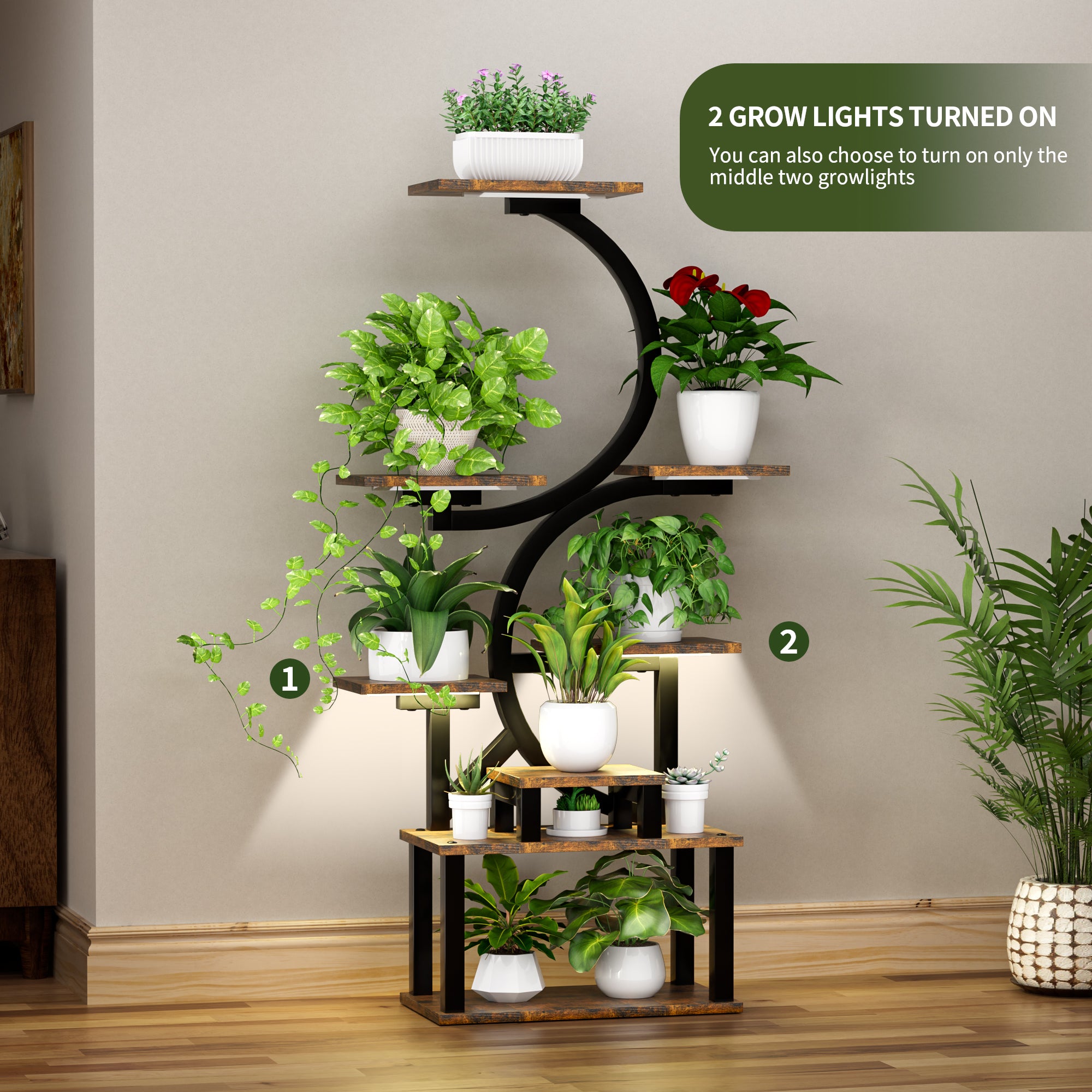 8-Tier Indoor Plant Stand with 5 Grow Lights, Rustic Brown MDF+Metal, 10-Level Dimming, 62-Inch Tall for Living Room or Garden - Grand Goldman Shop