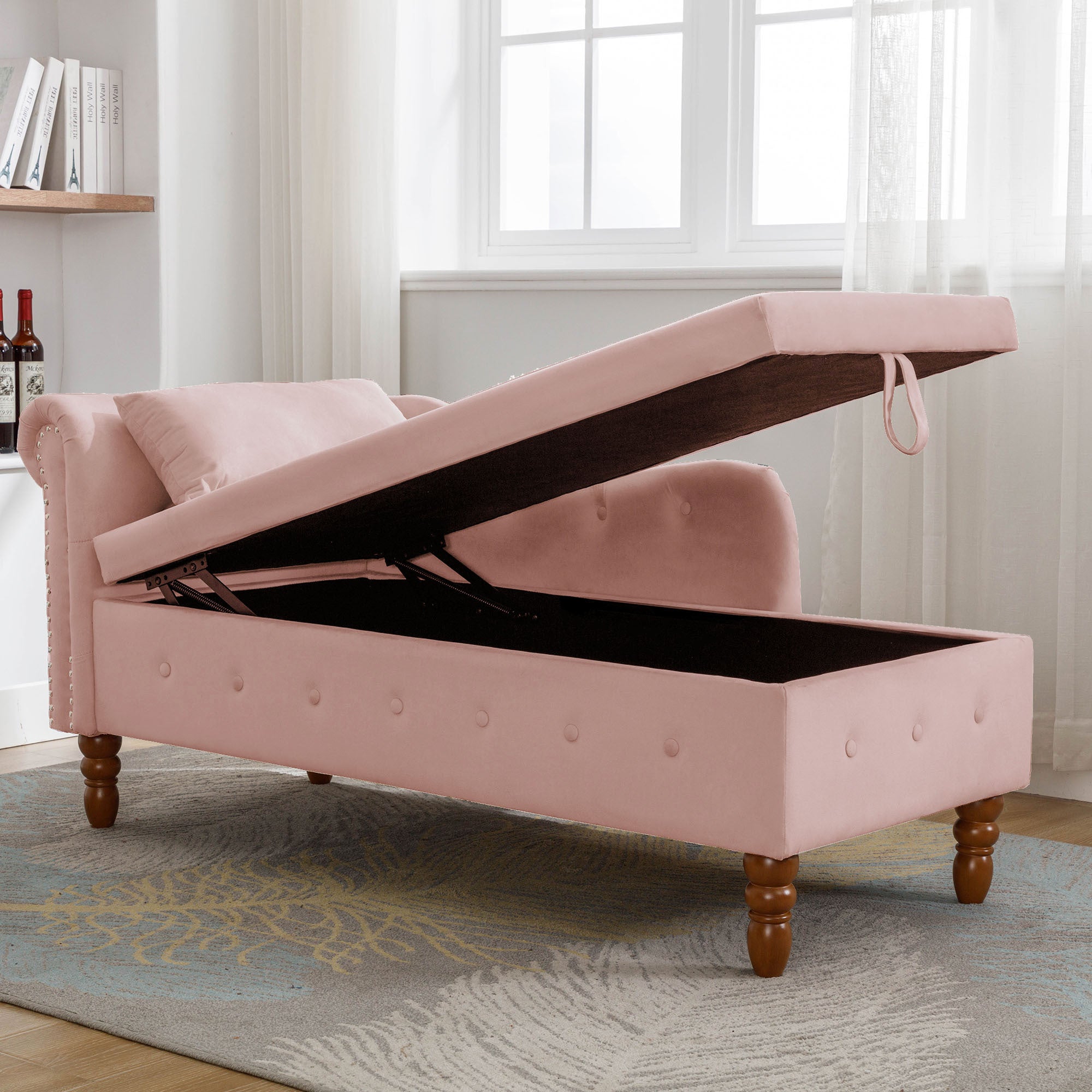 Pink Chaise Lounge Indoor, Velvet Lounge Chair for Bedroom with Storage & Pillow, Modern Upholstered Rolled Arm Chase Lounge for Sleeping with Nailhead Trim for Living Room Bedroom Office - Grand Goldman Shop