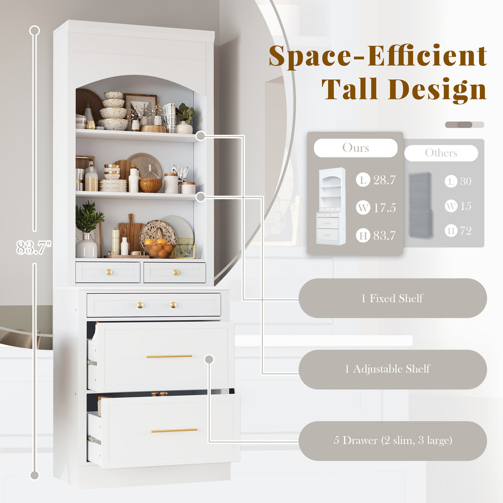 [Assembly Video Provided] TOPMAX Modern 83.7inch High Kitchen Pantry, Freestanding Tall Kitchen Hutch with Faux Marble Top,Cupboard Cabinet with 5 Storage Drawers and Adjustable Shelf, Set of 2, White - Grand Goldman Shop