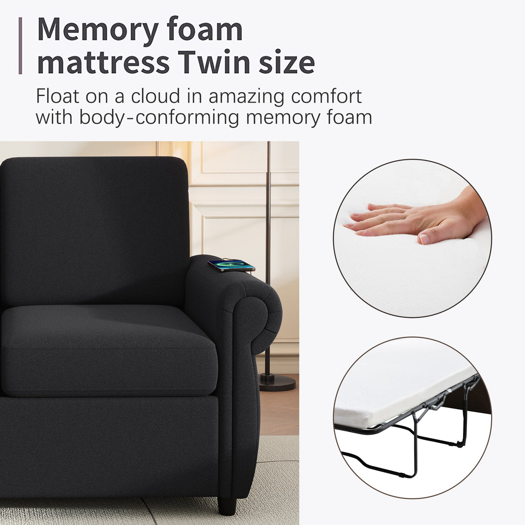 Orisfur Pull Out Sofa Bed Loveseat Sleeper with Twin Size Memory Foam Mattress & USB Ports, Black Linen - Grand Goldman Shop