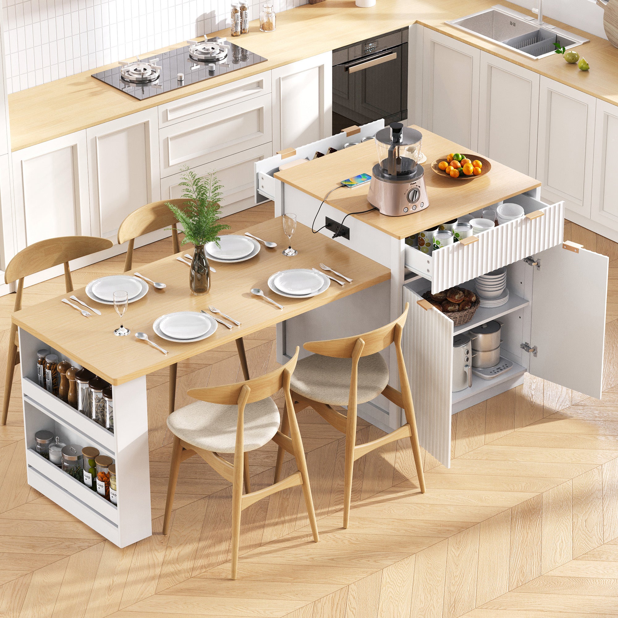 K&K 82.6' Fluted Kitchen Island with Extendable Dining Table for 4-6, Island Table for Kitchen with Power Outlet, Kitchen Table with Double-Side Storage, 2 Drawers 2 Side Open Shelves, White - Grand Goldman Shop