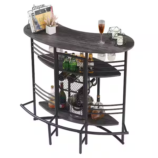 Oval Bar Table with Wood Counter Top and Wine Rack Storage, Wine Bakers Rack for Dining Room, Gray - Grand Goldman Shop