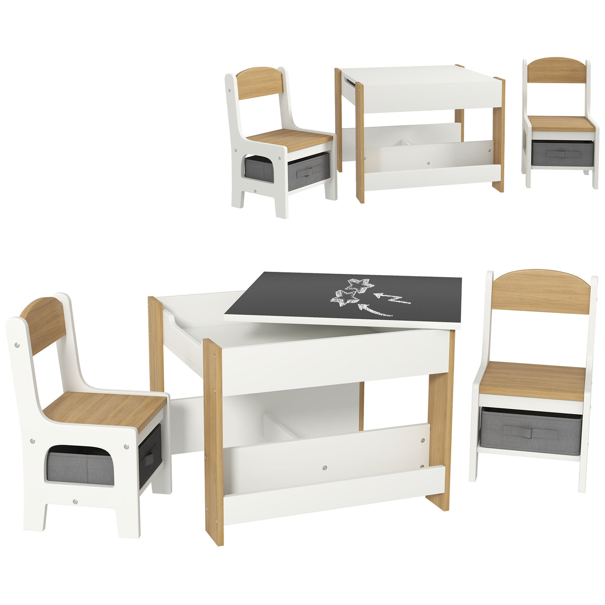 Qaba 3 Piece Kids Table and Chair Set, 2 in 1 Toddler Table and Chair Set with Reversible Tabletop Blackboard, Storage & Book