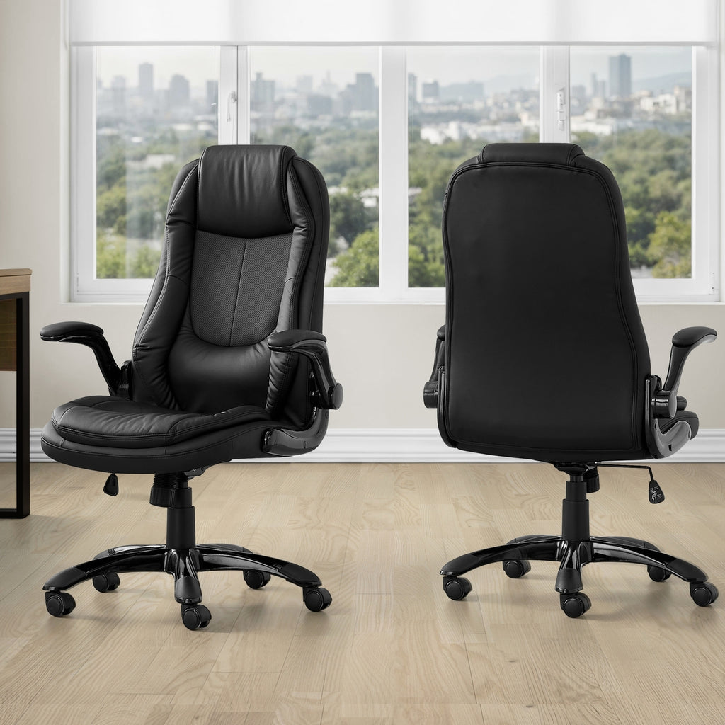 Contemporary Office Chair, Adjustable Height, Swivel, Ergonomic with Armrests, Black Leather-Look Finish, Black Metal Frame, 
