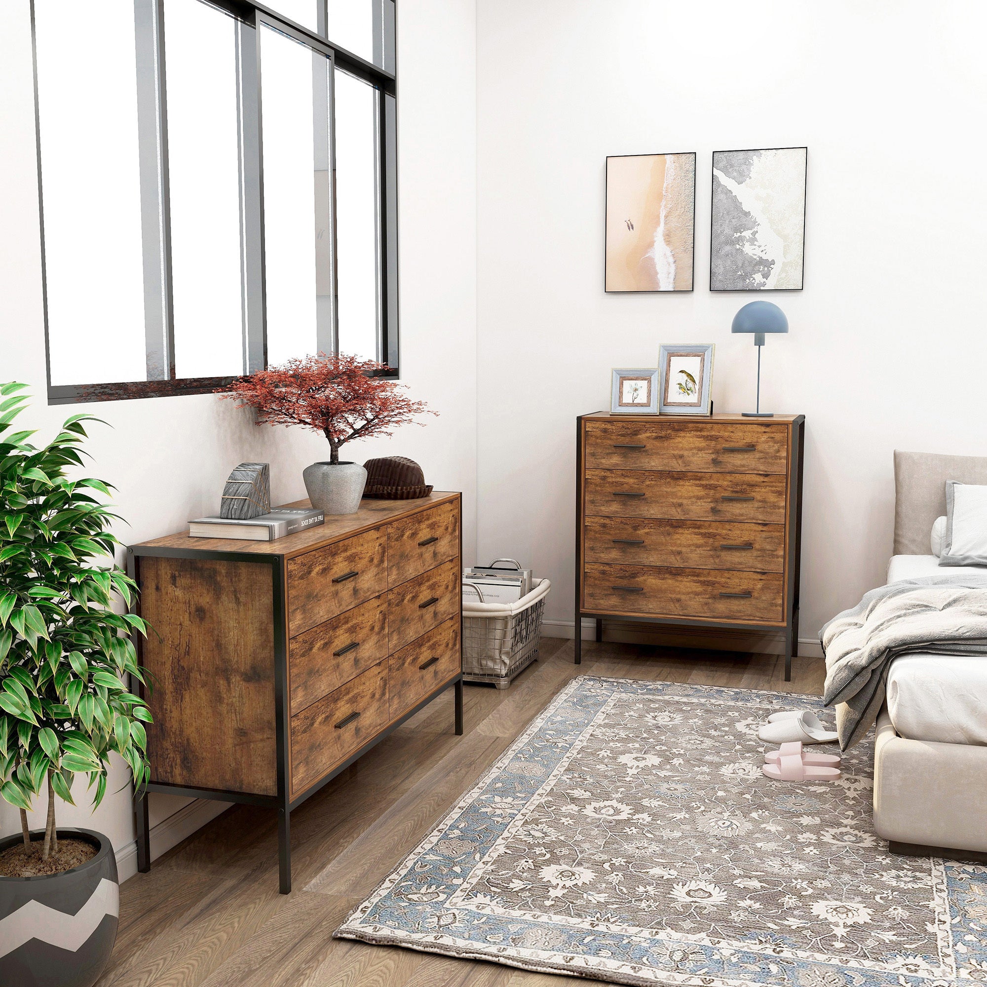 Industrial Style 6 Drawer Double Dresser,Rustic Brown Wood Storage Dresser Clothes Organizer with Sturdy Steel Frame, Chest with 6 Drawer, Storage Cabinet for Bedroom, Living Room - Grand Goldman Shop