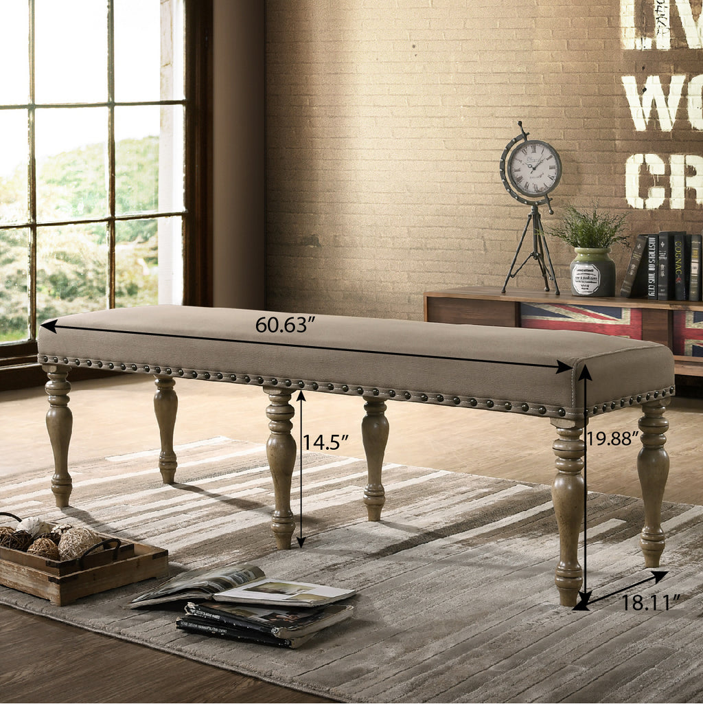 Birmingham Microfiber Upholstered Bench with Nail Head Trim in Driftwood Finish - Grand Goldman Shop