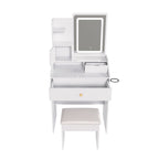 Pink LED Vanity Mirror with Stool, 2 Drawers & 5 Storage Cabinets, Adjustable Lighting, White MDF Dressing Table for Bedroom - Grand Goldman Shop