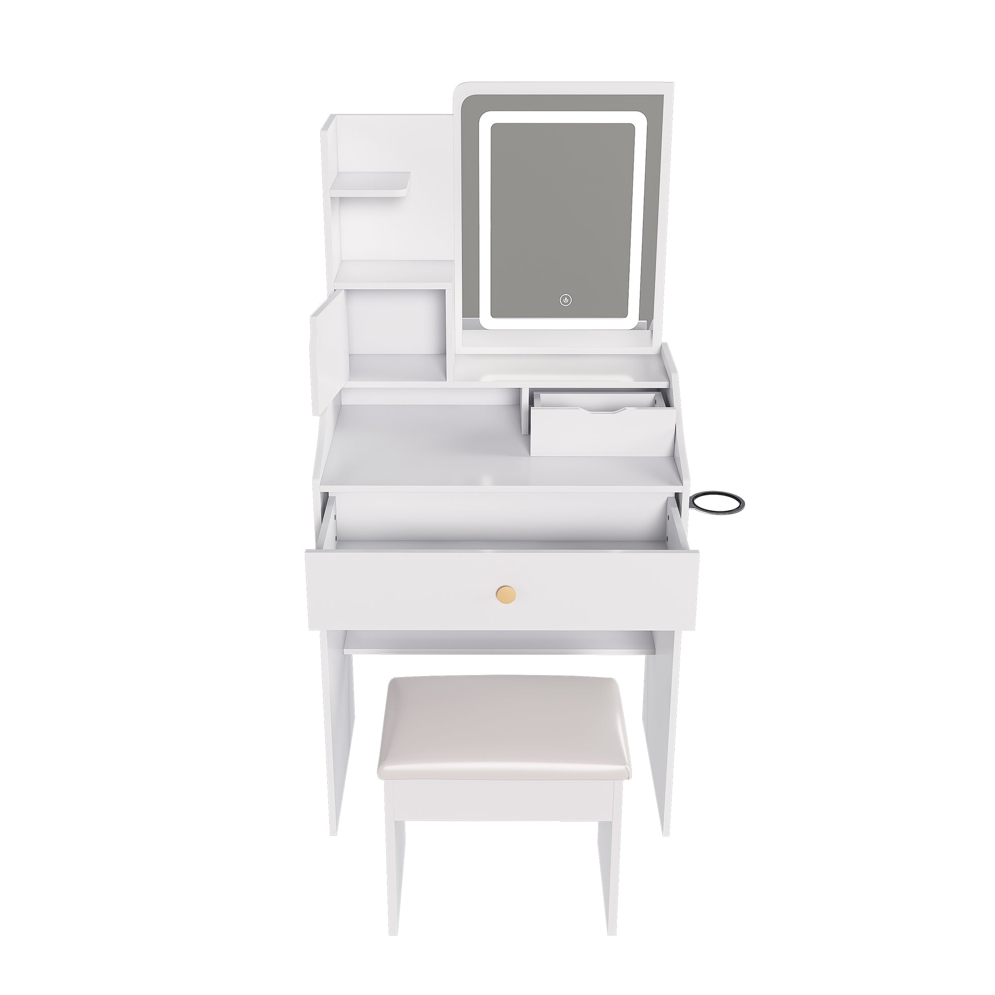 Pink LED Vanity Mirror with Stool, 2 Drawers & 5 Storage Cabinets, Adjustable Lighting, White MDF Dressing Table for Bedroom - Grand Goldman Shop