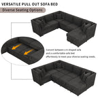 U-shaped Sectional Sofa Pull Out Bed with USB Ports, Power Sockets, Back Pillows & Storage Chaise, Black Chenille, 108.6' - Grand Goldman Shop