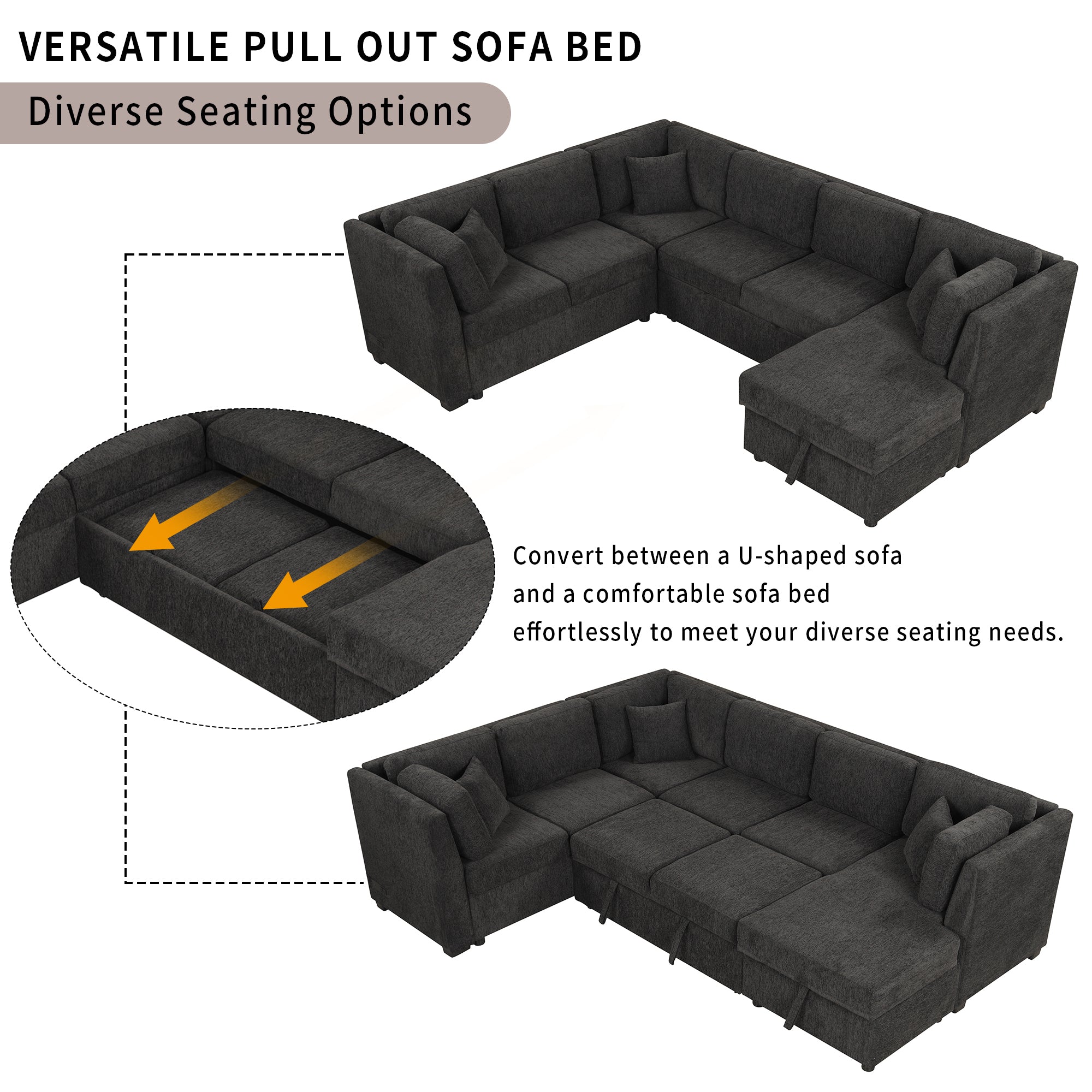 U-shaped Sectional Sofa Pull Out Bed with USB Ports, Power Sockets, Back Pillows & Storage Chaise, Black Chenille, 108.6' - Grand Goldman Shop