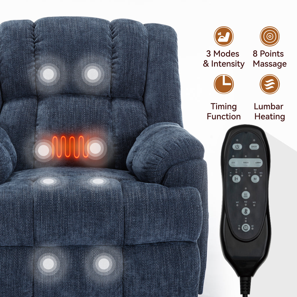 Dual Motor Heat Massage Infinite Position Up to 350 LBS Electric Power Lift Recliners with Power-Remote, Medium-firm and Heavy Duty, Blue - Grand Goldman Shop