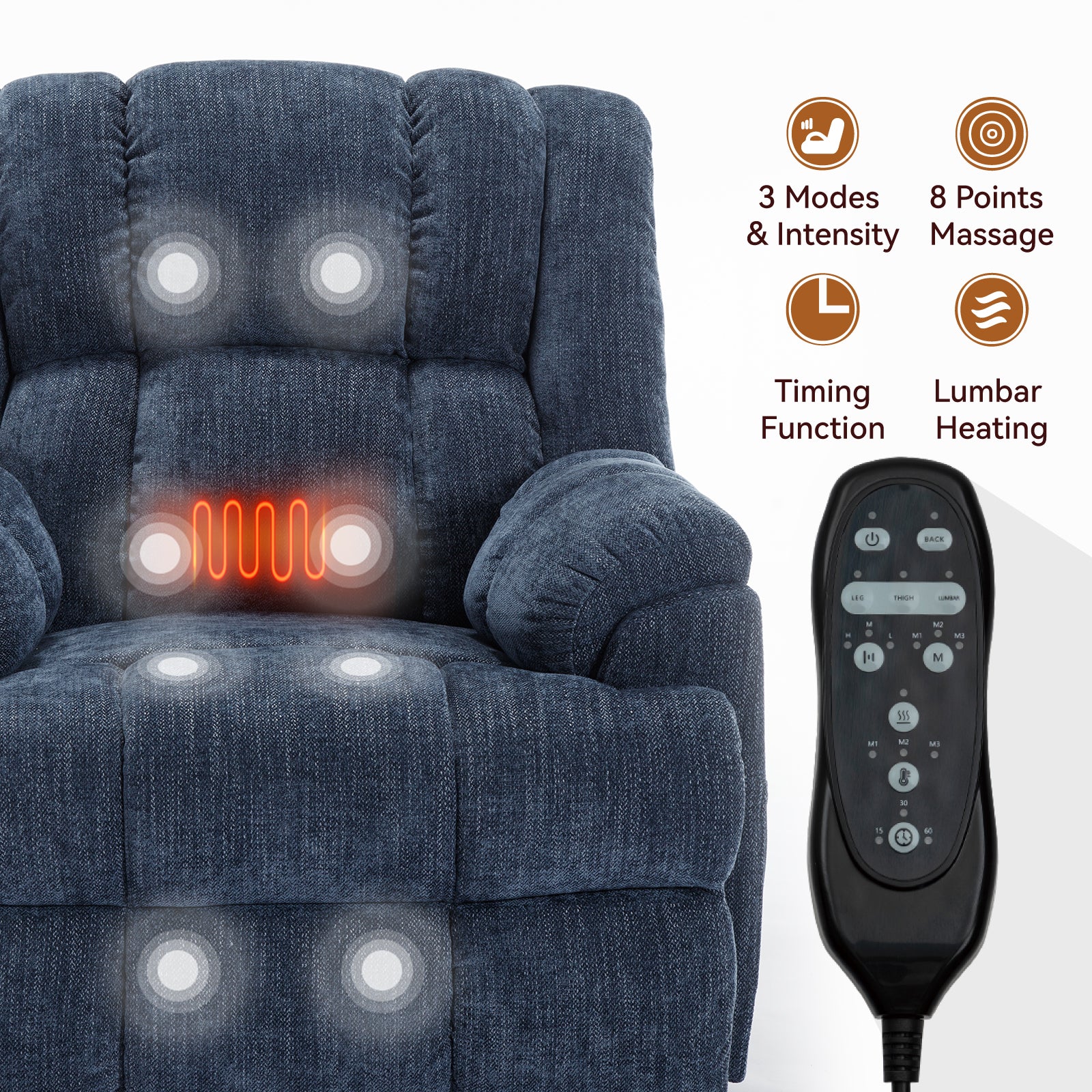 Dual Motor Heat Massage Infinite Position Up to 350 LBS Electric Power Lift Recliners with Power-Remote, Medium-firm and Heavy Duty, Blue - Grand Goldman Shop