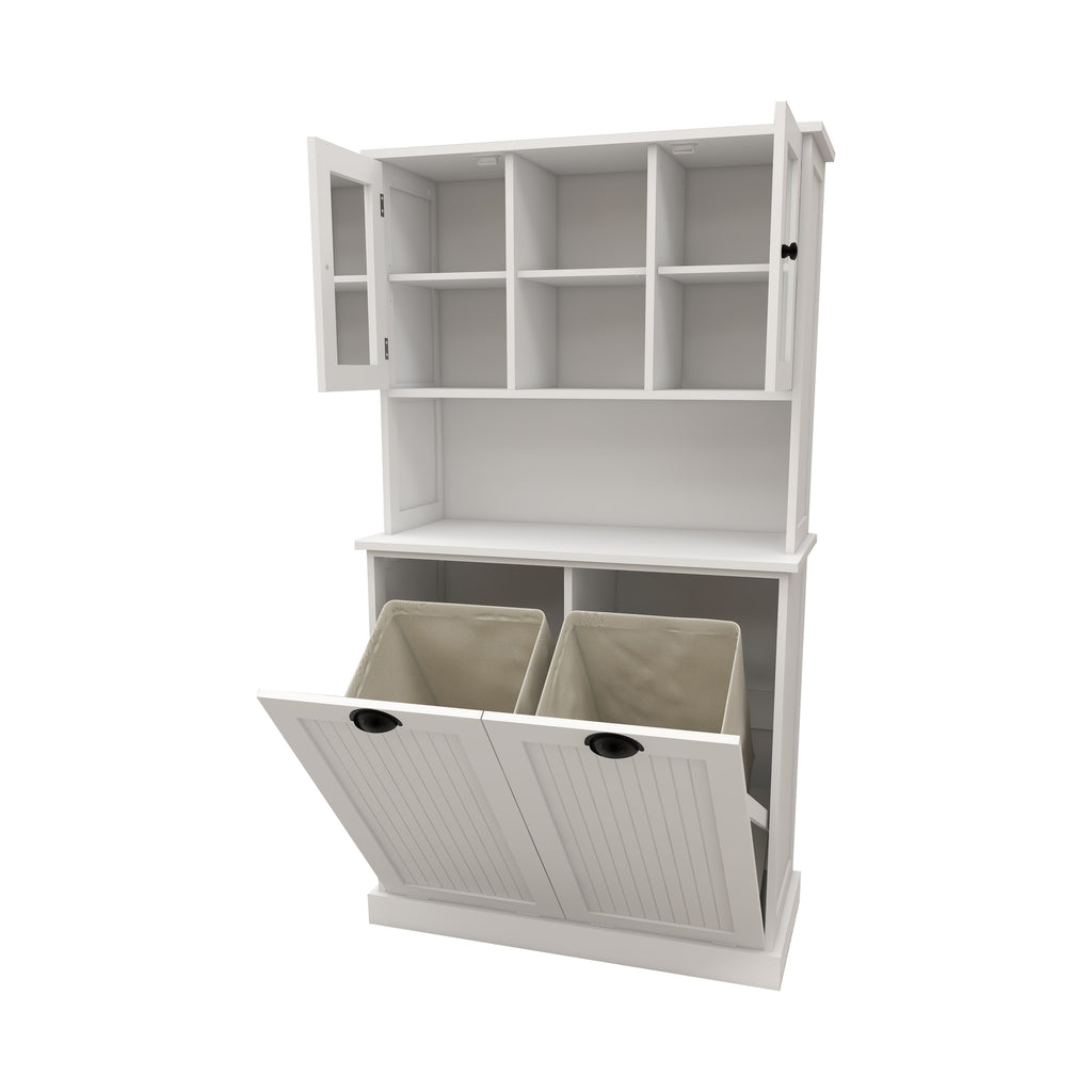 Two-Compartment Tilt-Out Dirty Laundry Basket Tall Bathroom Cabinet with 2 Adjustable Shelves-White - Grand Goldman Shop