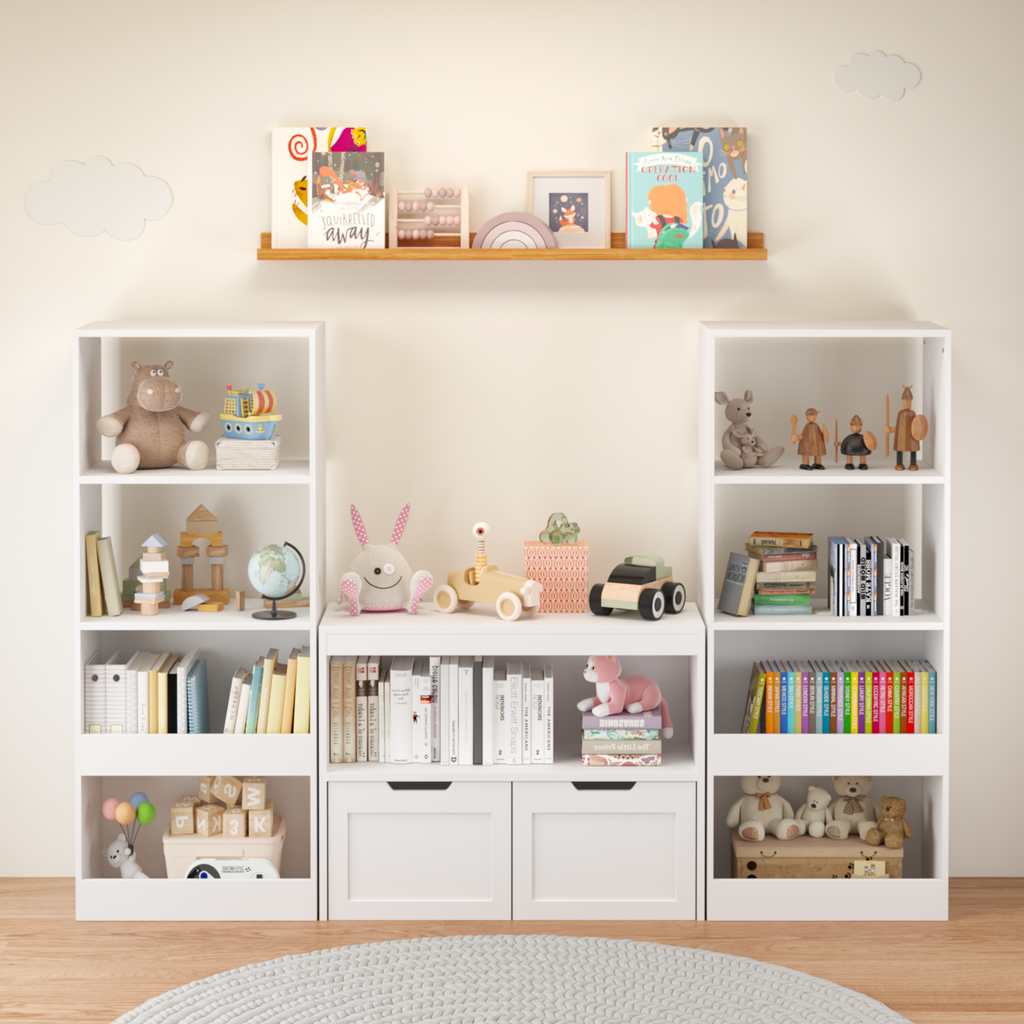 White Book Organizer with Large Drawers and Open Shelves, MDF Toy Storage Cabinet with Removable Wheels and Rounded Edges | P