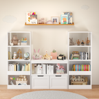 White Book Organizer with Large Drawers and Open Shelves, MDF Toy Storage Cabinet with Removable Wheels and Rounded Edges | P