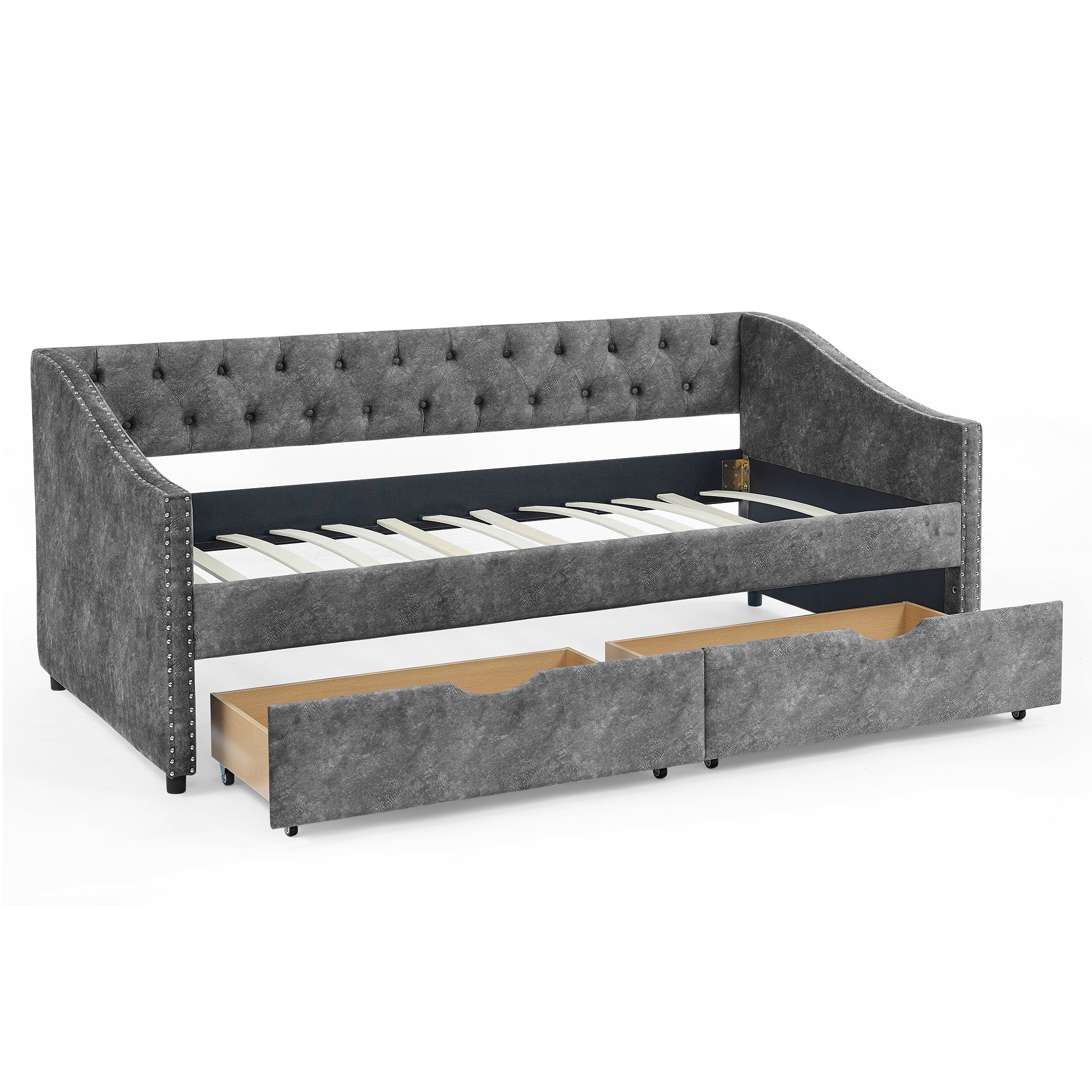 Grey Upholstered Tufted Twin Size Daybed with Drawers and Copper Nailhead Trim, Eucalyptus Wood Frame, 81.5''x4''x30.5'' - Grand Goldman Shop