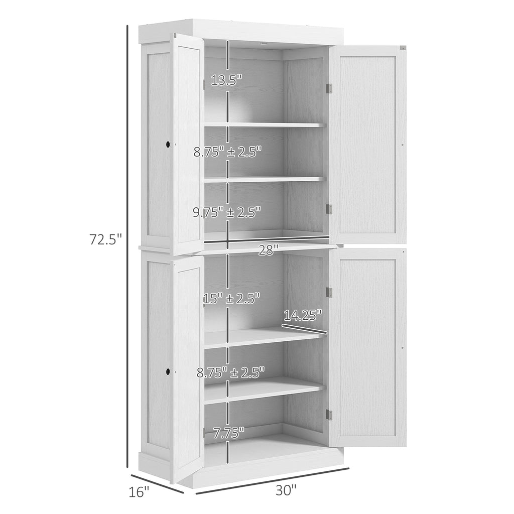 HOMCOM 72.5' Freestanding Kitchen Pantry Cabinet, Tall Storage Cabinet with 4 Doors and 2 Adjustable Shelves for Dining Room, White Wood Grain - Grand Goldman Shop