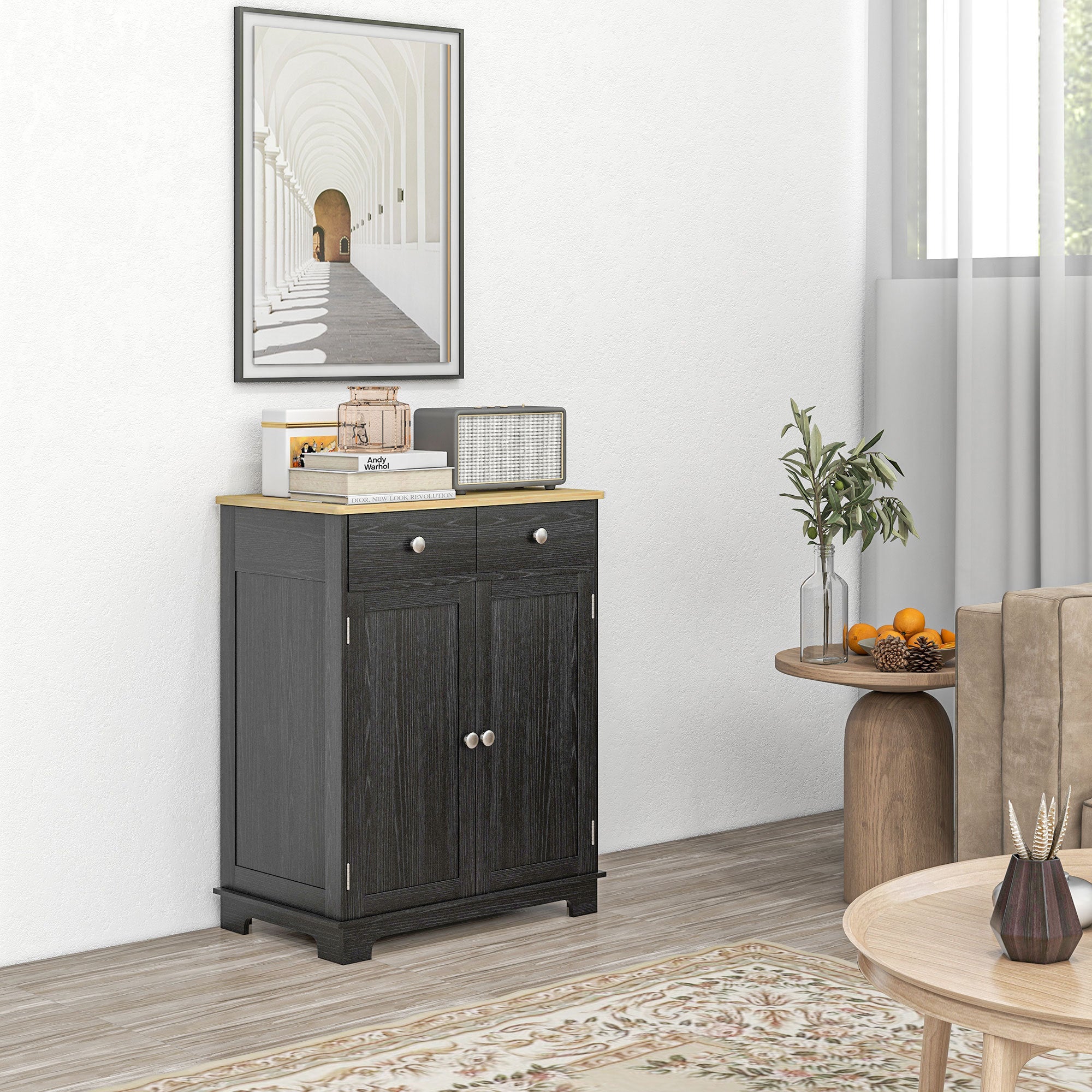 HOMCOM Sideboard with Solid Wood Countertop, Modern Kitchen Storage Cabinet, Coffee Bar Cabinet with 2 Drawers, Doors and Adj