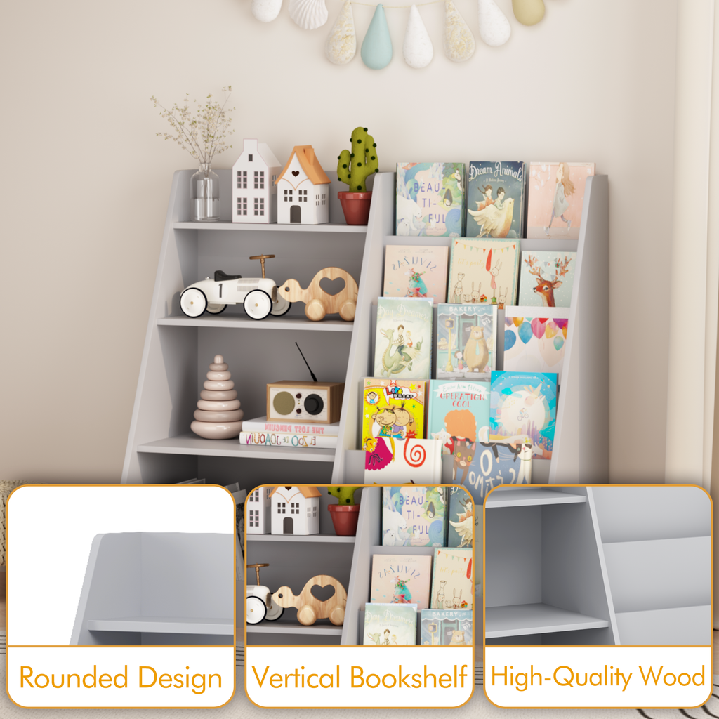 Kids Bookshelf and Toy Storage Organizer, Multifunctional 4 Tier Wooden Kids Book Shelf with  Bookcase Display Stand in Kids 