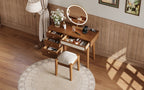 39' Retro Bohemian Style Wooden Makeup Vanity Set with Charging Plug&USB Port and Stool, Dressing Table with 3 Storage Drawers and 1 Rectangular Rattan Drawer, Walnut - Grand Goldman Shop