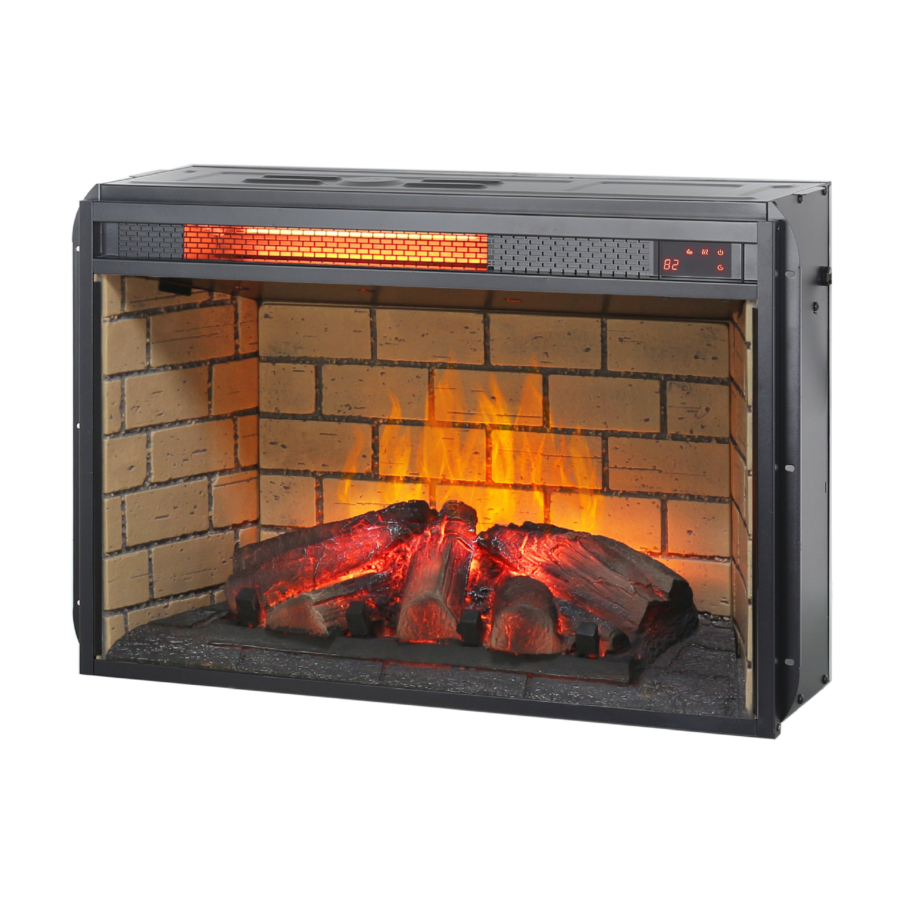 26 Inch Infrared Quartz Heater Fireplace Insert - Woodlog Version with Brick Background, Antique Black, Tempered Glass and Sheet Metal - Grand Goldman Shop