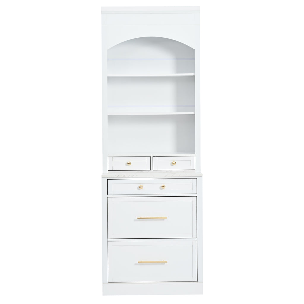 [Assembly Video Provided] TOPMAX Modern 83.7inch High Kitchen Pantry, Freestanding Tall Kitchen Hutch with Faux Marble Top, Display Cupboard Cabinet with 5 Storage Drawers and Adjustable Shelf, White - Grand Goldman Shop
