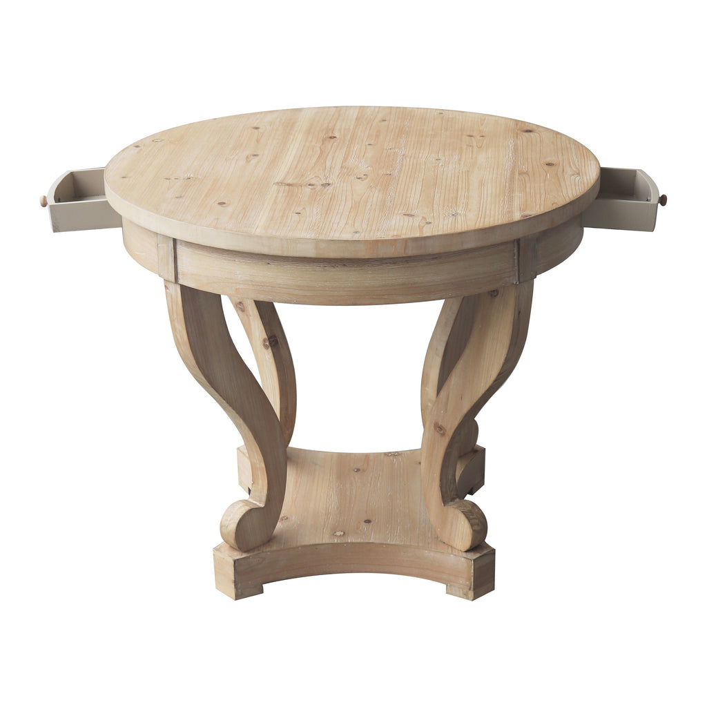Farmhouse Style Round Dining Table with Curved Legs in Natural Wood Grain, Small Size, Distressed Finish - Grand Goldman Shop