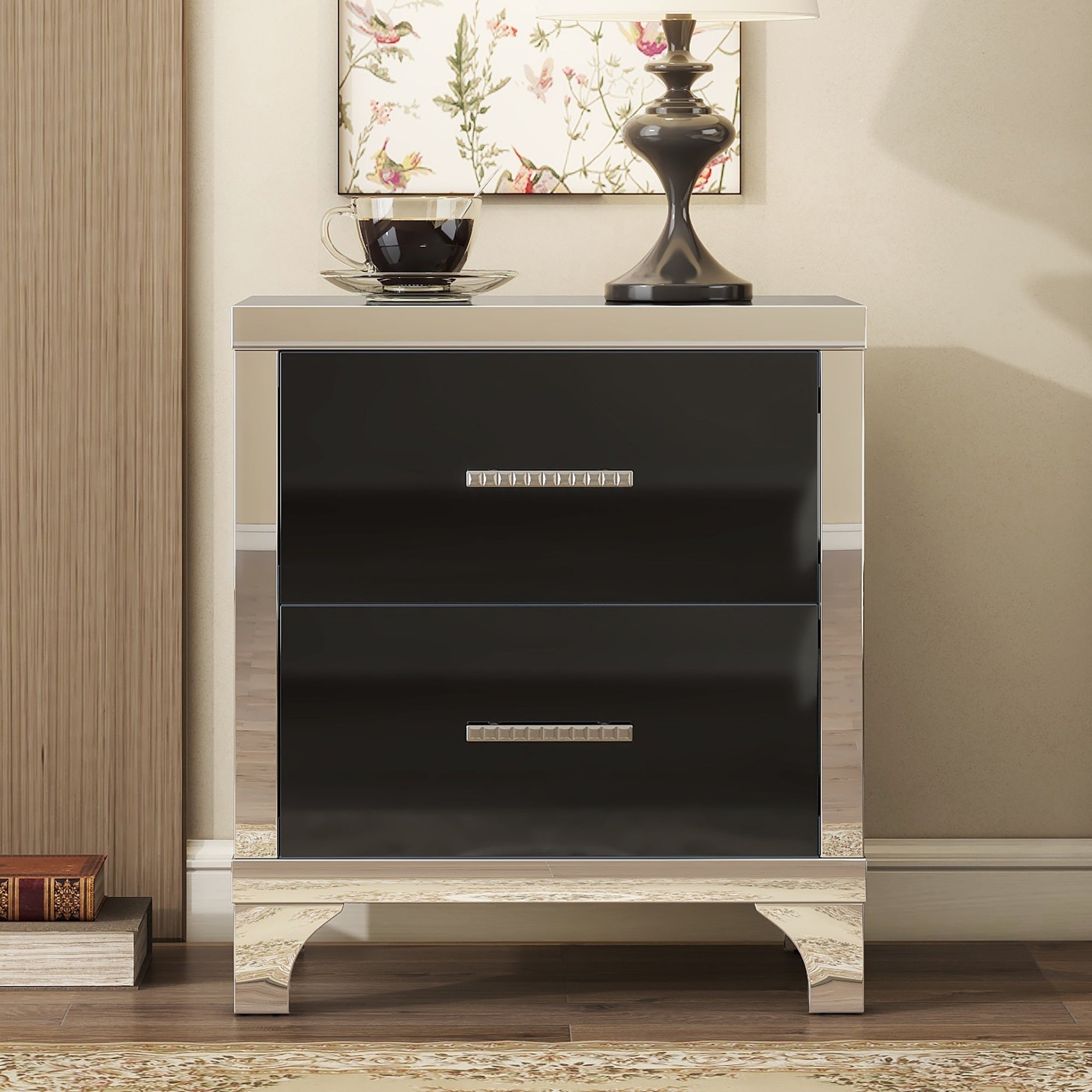 Elegant High Gloss Nightstand with Metal Handle,Mirrored Bedside Table with 2 Drawers for Bedroom,Living Room,Black - Grand Goldman Shop