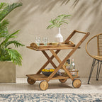 RIVIERA BAR CART Natural Stained Acacia Wood Mobile Bar Cart with Wheels for Entertaining - Grand Goldman Shop