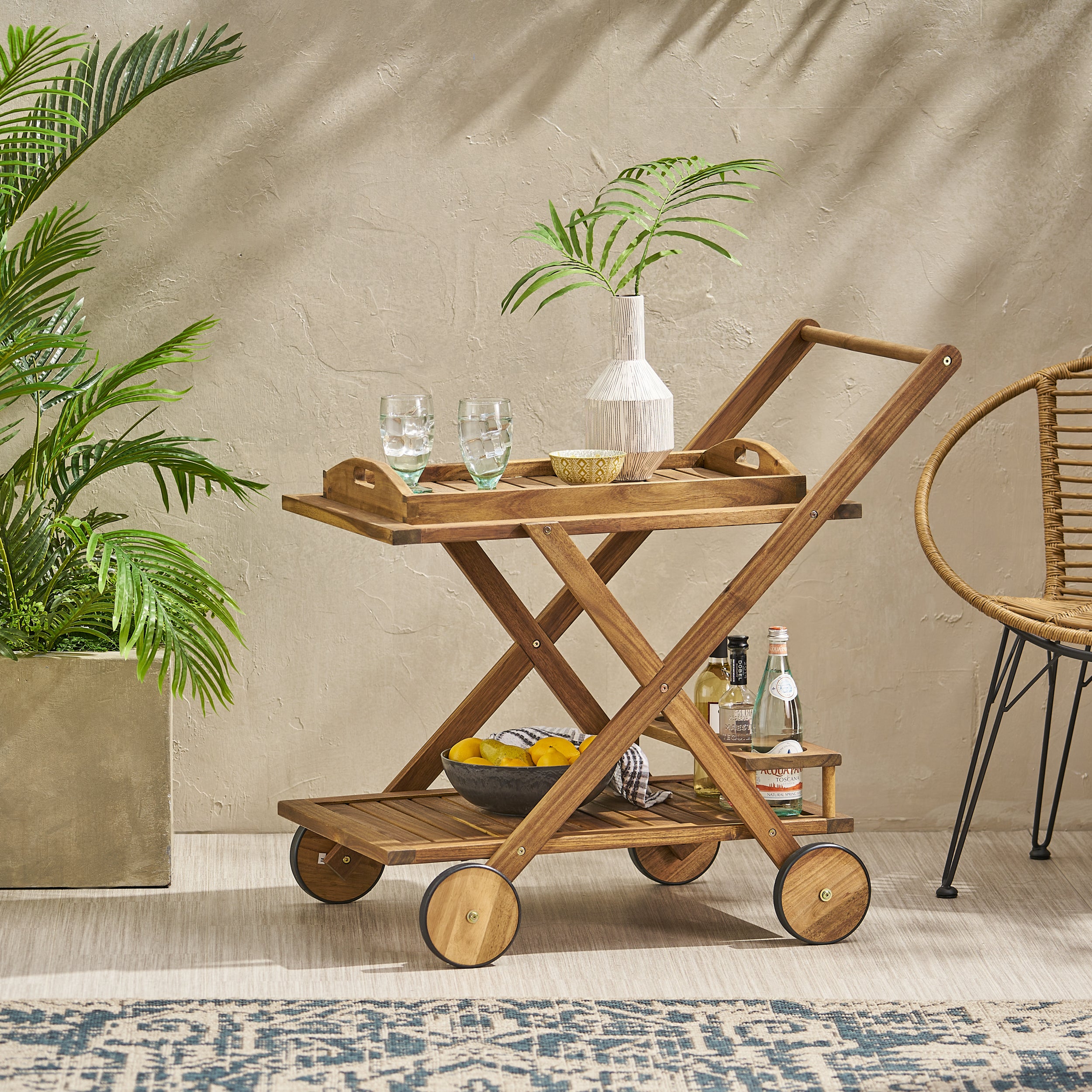 RIVIERA BAR CART Natural Stained Acacia Wood Mobile Bar Cart with Wheels for Entertaining - Grand Goldman Shop