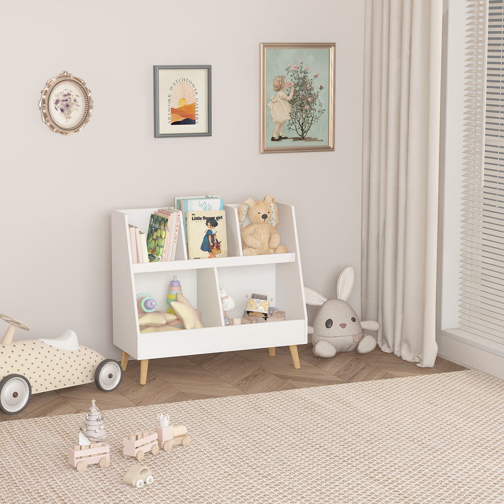 Modern Kids Bookshelf and Toy Organizer with 5 Cubbies, 2-Tier Wooden Open Bookcase, White MDF and Pine Legs - Grand Goldman
