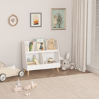 Modern Kids Bookshelf and Toy Organizer with 5 Cubbies, 2-Tier Wooden Open Bookcase, White MDF and Pine Legs - Grand Goldman