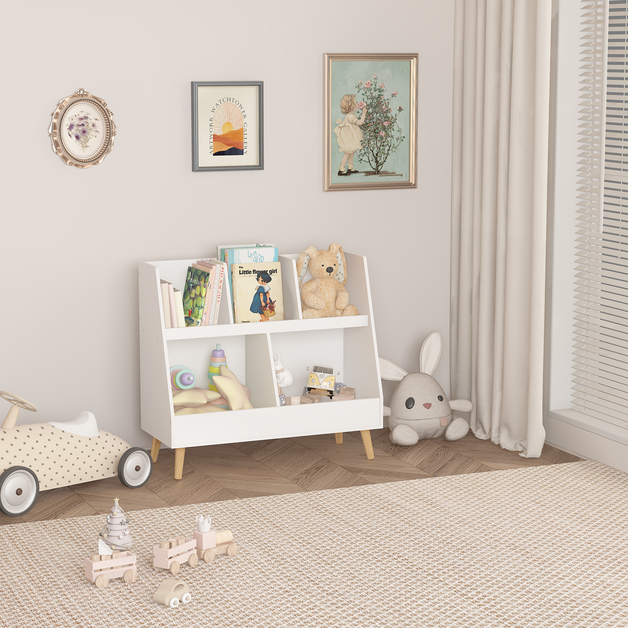 Modern Kids Bookshelf and Toy Organizer with 5 Cubbies, 2-Tier Wooden Open Bookcase, White MDF and Pine Legs - Grand Goldman