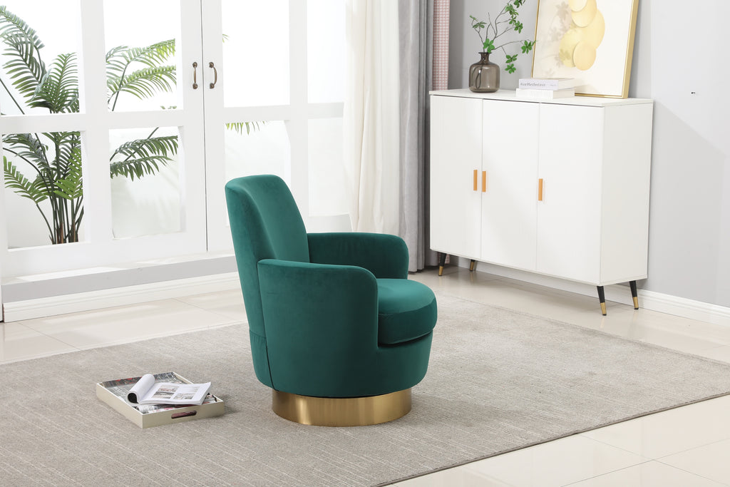 Velvet Swivel Barrel Chair, Swivel Accent Chairs Armchair for Living Room, Reading Chairs for Bedroom Comfy, Round Barrel Chairs with Gold Stainless Steel Base (Emerald) - Grand Goldman Shop