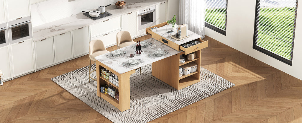K&K 59.5'Kitchen Island with Extendable Dining Table, Kitchen Storage Table with Double-sided Storage, Kitchen Island with 2 Drawers, Power Outlet, Side Open Shelves, for Kitchen, Dining Room, Natural - Grand Goldman Shop