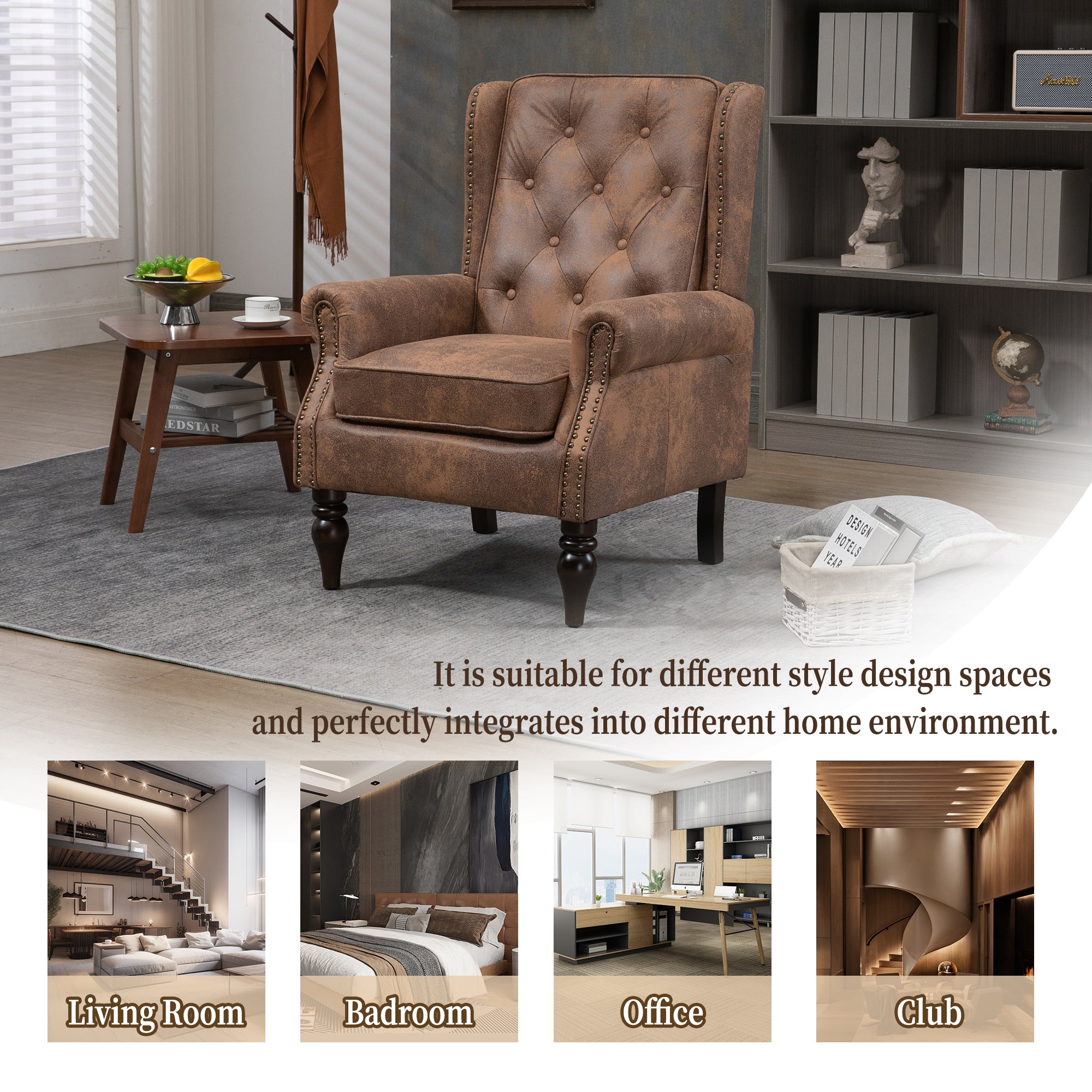 Modern Coffee Wood Frame Armchair with Sturdy Wood Legs and Microsuede Upholstery for Living Room - Grand Goldman Shop