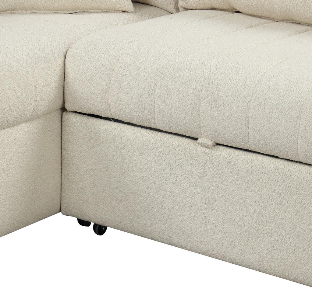 Modern L-shaped Sectional Pull Out Sofa Bed with USB Ports and Storage Ottoman, Beige, Jacquard Fabric, 82.6' - Grand Goldman Shop