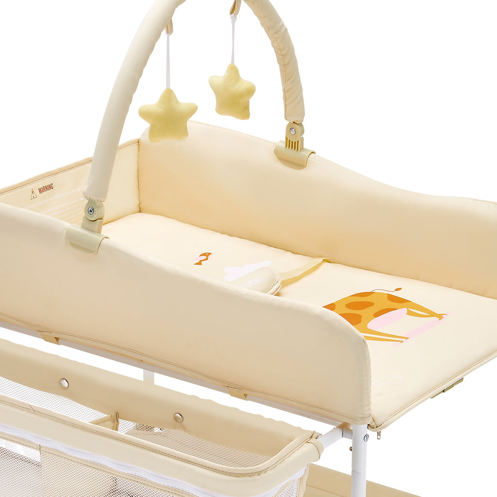 Baby Changing Table, Foldable Diaper Change Station with 2 Fabric Drawers, Side Basket & Hanging Rod, Adjustable Height Porta