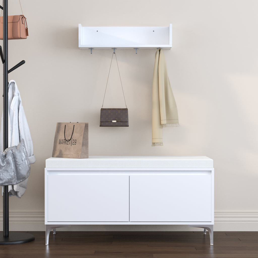 Modern White Wall-Mounted Entryway Shelf with Hooks and Storage Bench Set, Off White Metal & Wood, 39.37 x 15.75 x 19.49 inches - Grand Goldman Shop