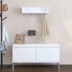 Modern White Wall-Mounted Entryway Shelf with Hooks and Storage Bench Set, Off White Metal & Wood, 39.37 x 15.75 x 19.49 inches - Grand Goldman Shop