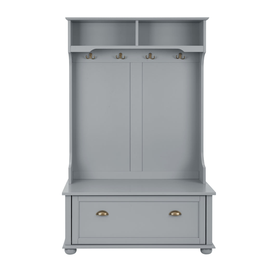 Modern Classic Hall Tree with Shoe Rack Bench and Coat Hooks for Hanging Storage, Entryway Bench with Open Shelves and Shoe Cabinets 40.16'W*18.58'D*64.17'H GRAY - Grand Goldman Shop