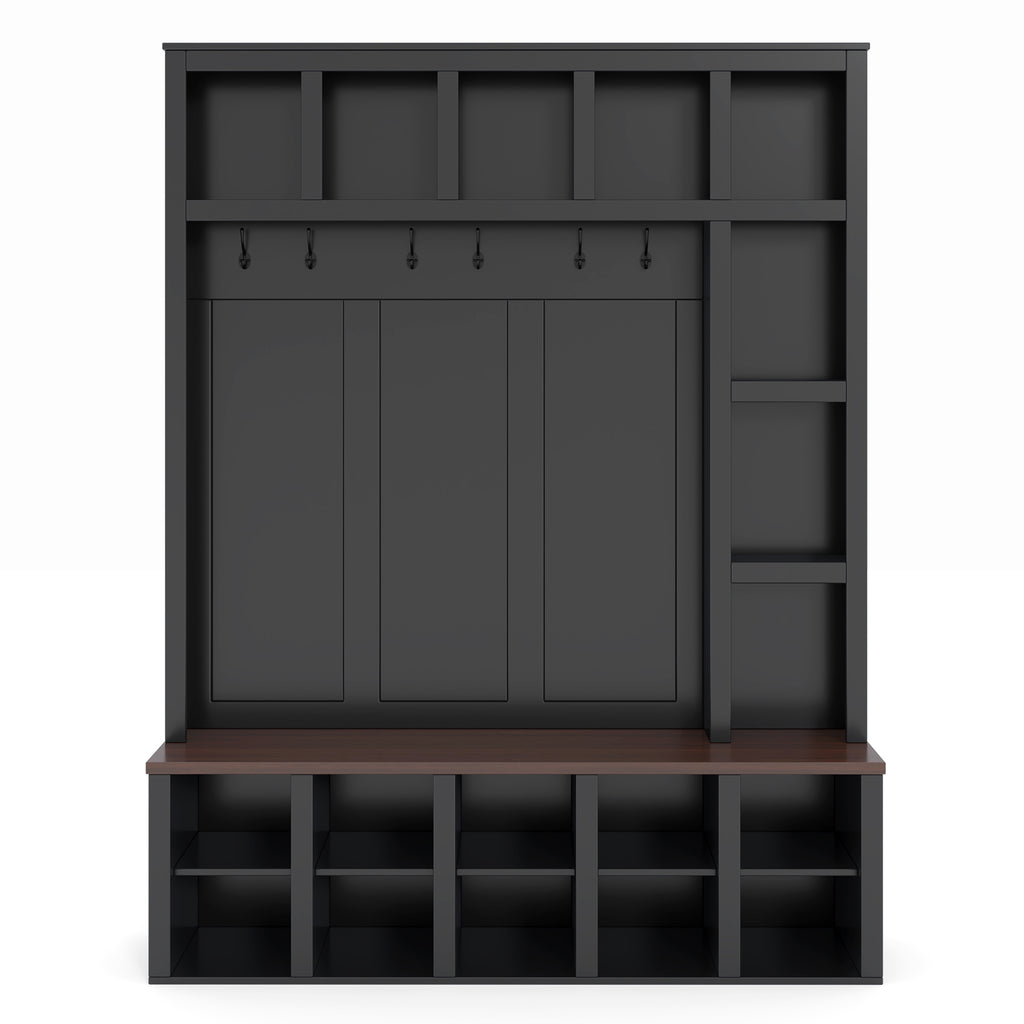 Farmhouse Wooden Hall Tree with 6 Hooks, Walnut Storage Bench with Adjustable Shelves,  4-in-1 Entryway Shoe Cabinet with Cubbies for Mudroom, Living Room, Black, 76.7'H (OLD SKU: N721S000044B) - Grand Goldman Shop
