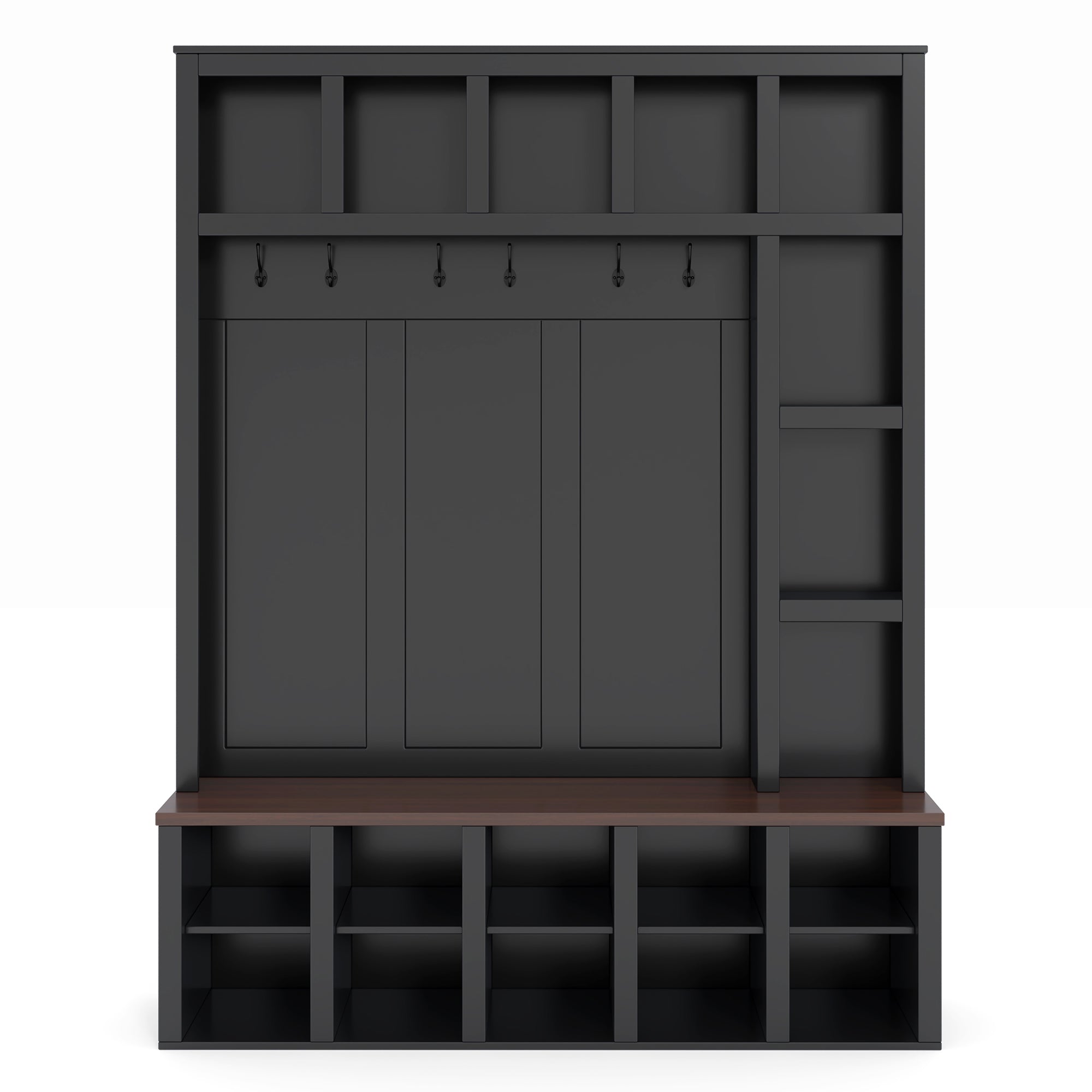 Farmhouse Wooden Hall Tree with 6 Hooks, Walnut Storage Bench with Adjustable Shelves,  4-in-1 Entryway Shoe Cabinet with Cubbies for Mudroom, Living Room, Black, 76.7'H (OLD SKU: N721S000044B) - Grand Goldman Shop