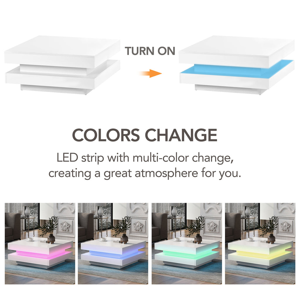 ON-TREND High Gloss Minimalist Design with LED Lights, 2-Tier Square Coffee Table, Center Table for Living Room, 31.5''x31.5''x14.2'', White - Grand Goldman Shop