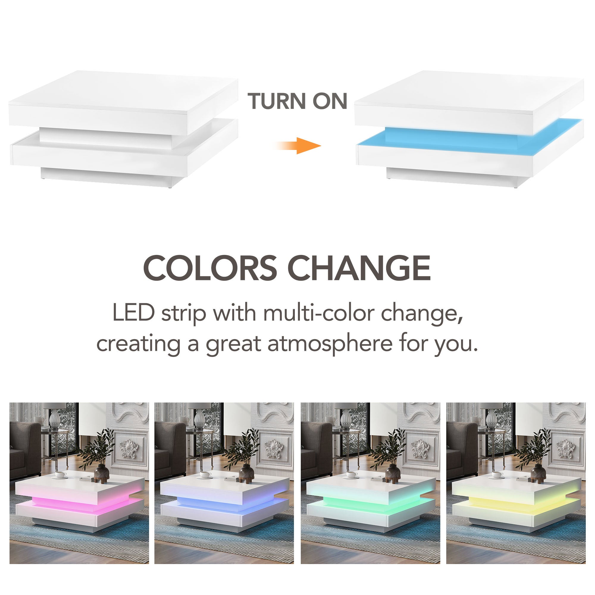 ON-TREND High Gloss Minimalist Design with LED Lights, 2-Tier Square Coffee Table, Center Table for Living Room, 31.5''x31.5''x14.2'', White - Grand Goldman Shop