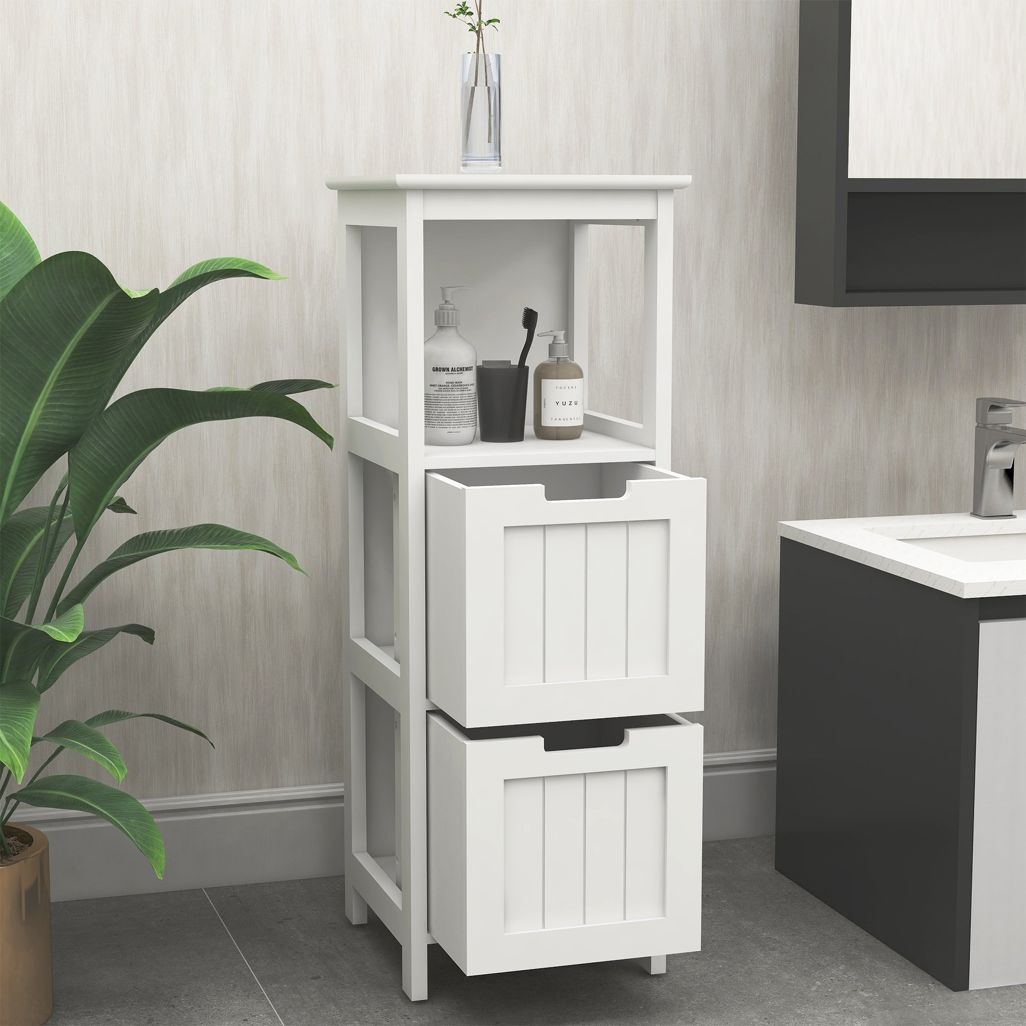 Bathroom Floor Cabinet with 2 Drawers and 1 Storage Shelf,Freestanding Wood Storage Organizer Cabinet-White - Grand Goldman Shop