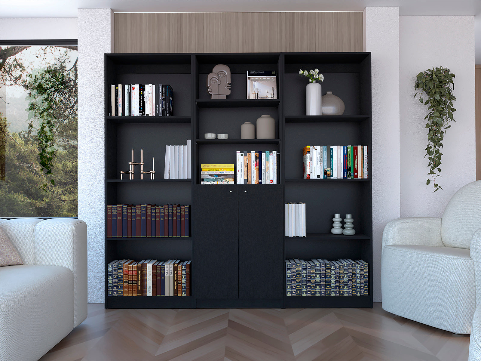 Duette 3 Piece Home Bookcase set, 74' Wide with 11 Shelves and Two-Door Cabinet ,  Living Room Set Set  Black | Premium Home 